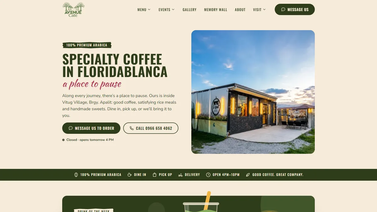 A’venue Café · Floridablanca, Pampanga on a desktop screen